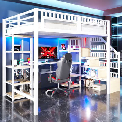Sweiko Hoogslaper - 140 x 200 cm - Opbergruimte - Bureau - LED-verlichting - USB-poorten - Kinderbed - Wit