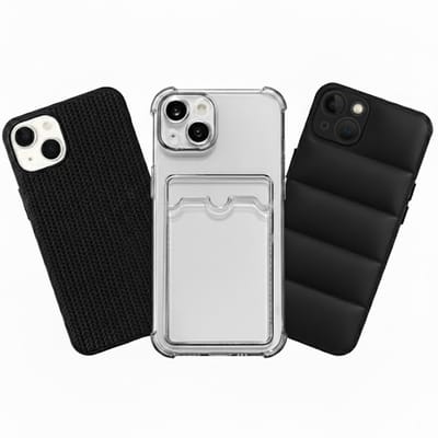 Grijs en zwart telefoon hoesje set met kaartvak en structuur design geschikt voor iPhone 15– backcover cases voor dames en heren met transparant hoesje, geribbelde textuur en gewatteerd uiterlijk