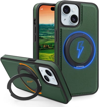 Perfeqt hoesje geschikt voor iPhone 15 Plus leren BackCover met 360° Kickstand & Keyring houder - Forrest Green