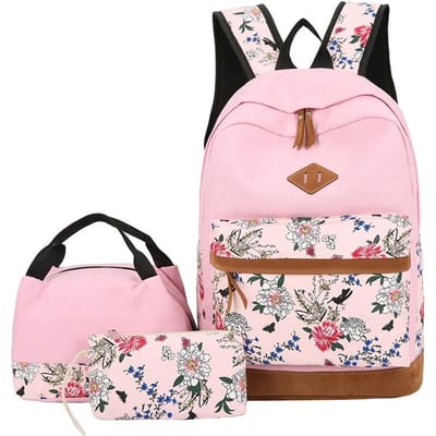 Sac à dos scolaire 3 pièces/set imprimé floral pour filles Sac à dos scolaire imperméable pour élèves Sac d'école pour enfants Avec trousse à crayons Sac à lunch white