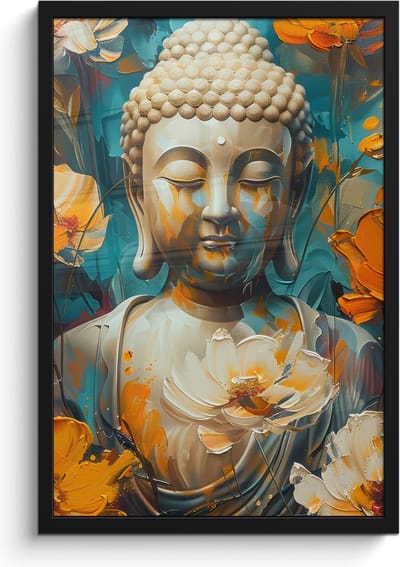 Poster in lijst - Fotolijst 40x60 cm - Posters - Buddha - Bloemen - Kleurrijk - Modern - Posterlijst zwart - Decoratie - Wanddecoratie woonkamer - Muurdecoratie slaapkamer