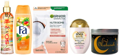 Garnier Cadeauset Ramadan Suikerfeest So..? Body Mist Bali Breeze & Treaclemoon Shea Butter - So...? Body Mist 200 ml Bali Breeze - Treaclemoon Hand Cream Creamy Shea - Garnier SkinActive Masker Sheet Nutri Bomb Kokosmelk - Fa Douche 250 ml Bali Kiss
