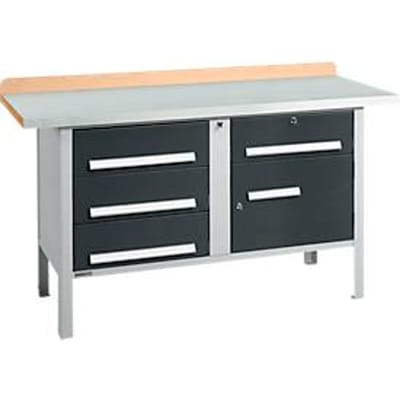 Box-type werkbank Schäfer Shop Select PWi 150-5, beuken multiplex blad, met stalen afdekking, tot 750 kg, B 1500 x D 700 x H 840 mm, antraciet