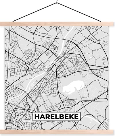 Posterhanger incl. Poster 40x40 cm - Schoolplaat - België – Harelbeke – Stadskaart – Kaart – Zwart Wit – Plattegrond - Textielposter - Blanke latten - Stadskaart