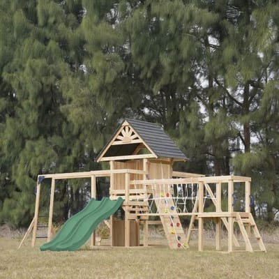 AXI Hunter Speeltoestel met Schommels, Klimrek, Klimbrug en meerdere Platforms – Groene Dubbele Glijbaan - FSC 100% hout – Speeltoren voor de tuin / buiten