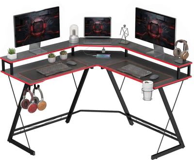 Gaming Hoekbureau - Met Oplaadstation en Monitorstandaard - L-Vormig - 128x128cm - Zwart Carbon