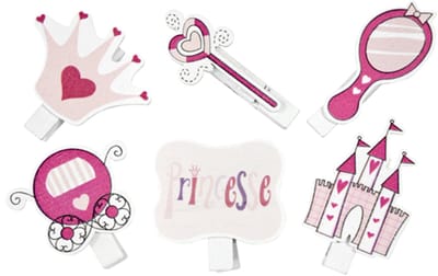 HOBI - 6 decoratieve prinsessen knijpers 4 cm voor verjaardagstafel