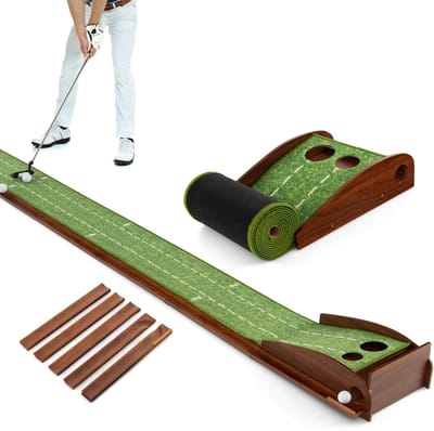 COSTWAY 302 cm Golf Putting Mat Golf Putting Baan met Automatische Balterugloop met 2 Hole Maten 3 Golfballen voor Binnen/Buiten Gebruik