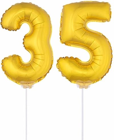 35 jaar leeftijd feestartikelen - versiering cijfers - ballonnen op stokje - van 41 cm - Combi van cijfer 35 - in het goud