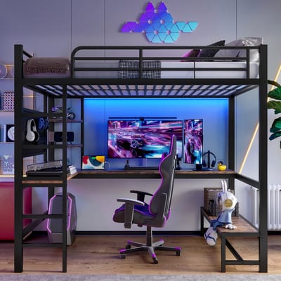 Sweiko Hoogslaper - 90 x 200 cm - Bureau - Opbergrek - USB/Type-C - LED-verlichting - Zwart