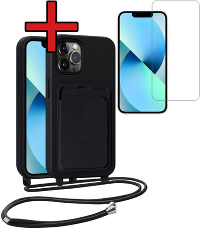 Hoesje Geschikt voor iPhone 13 Pro Hoesje Met Telefoonkoord en Pasjeshouder Met Screenprotector Siliconen - Hoes Geschikt voor iPhone 13 Pro Hoesje Met Kaarthouder Case - Zwart