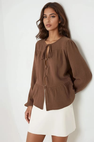 Crewneck Lange Mouwen Gewoven Mousseline Blouse