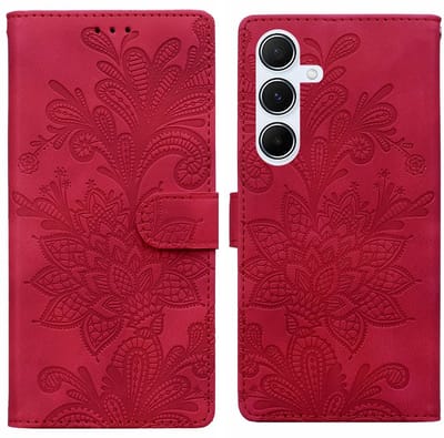 BookCover Hoes Etui geschikt voor Samsung Galaxy A37 - A56 - A36 - Rood - Bloem Reliëf