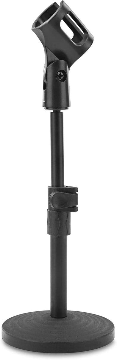 Microfoontafelstatief zwart - traploos verstelbaar hoogte 15-22,5 cm, zware gietijzeren voet, inclusief microfoonklem en reduceerdraad
