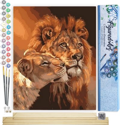 Figured'Art Schilderen op Nummer Volwassenen canvas Leeuw en leeuwin koppel - Handwerk acrylverf Kit DIY Compleet - 40x50cm met DIY houten lijst