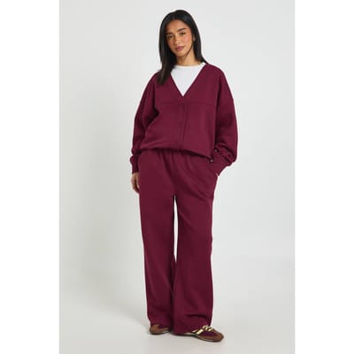 boohoo Dames Petite Vest met Knopen Cardigan Sweatshirt en Rechte Pijp Joggingbroek Trainingspak | Burgundy | Maat: XS
