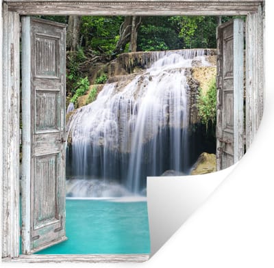 Muurstickers - Sticker Folie - Doorkijk - Waterval - Natuur - Landschap - 100x100 cm - Plakfolie - Muurstickers Kinderkamer - Zelfklevend Behang XXL - Zelfklevend behangpapier - Stickerfolie