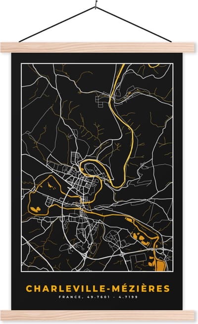 Posterhanger incl. Poster 40x60 cm - Schoolplaat - Plattegrond - Charleville-Mêzières - Kaart - Frankrijk - Stadskaart - Textielposter - Blanke latten - Stadskaart