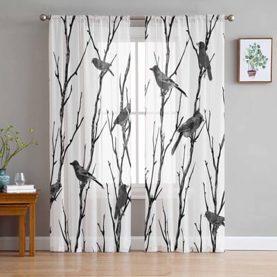 Tak Vogel Silhouet Transparante Gordijnen voor Woonkamer Decoratie Raambekleding voor Keuken Tule Voile Organza Gordijnen W135 x H115cm x1 white