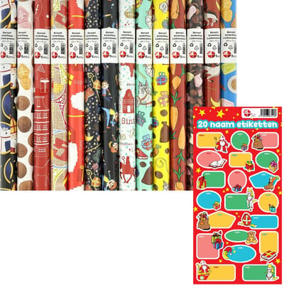 Sinterklaas cadeaupapier inpakpapier - 2 meter x 70 cm - 9 rollen - Incucief 40 naamlabels