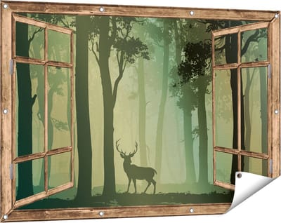 Gards Tuinposter Doorkijk Hert in het Bos - Silhouet - 120x80 cm - Tuindoek - Tuindecoratie - Wanddecoratie buiten - Tuinschilderij
