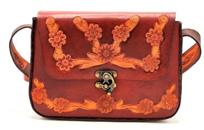 Handgemaakte Leren Zadeltas met Bloemen reliëf en haakje - (bxhxd) ca. 28cm x 18cm x 6cm