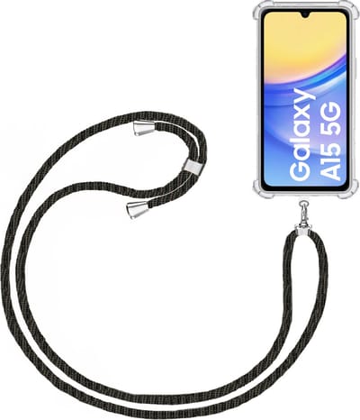 Telefoonkoord + Hoesje Geschikt voor Samsung Galaxy A15 - Lengte Verstelbaar - Telefoonketting - Shock Proof Case - Zwart