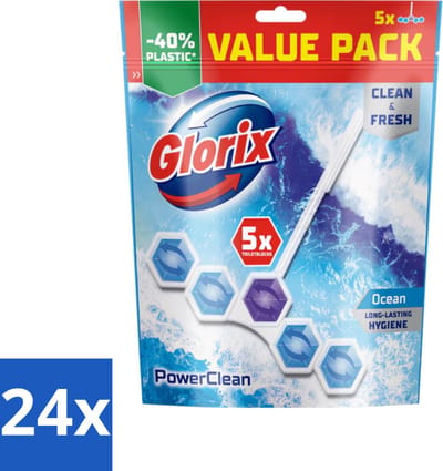 Glorix - Power Clean - Toiletblok - Ocean - Hersluitbare Verpakking - 5 Blokken - Voordeelverpakking - 24 stuks