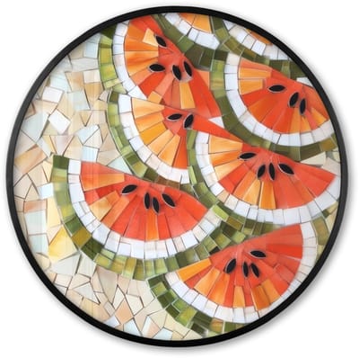 Poster in lijst Rond - Fotolijst 60x60 cm - Posters - Mozaïek - Watermeloen - Rood - Pitten - Ronde posterlijst zwart - Decoratie - Wanddecoratie woonkamer - Muurdecoratie slaapkamer
