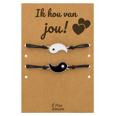 Vriendschapsarmbandjes voor 2 "Ik Hou van Jou" - Yin Yang - Koppel Armbandjes met Lief Cadeau Kaartje - Zilverkleurig - Elastisch Verstelbaar - Pax Amare