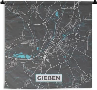 Wandkleed - Wanddoek - Kaart – Plattegrond – Stadskaart – Gießen – Duitsland – Blauw - 180x180 cm - Wandtapijt