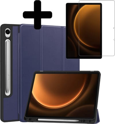 Hoes - Geschikt voor Samsung Galaxy Tab S9 FE - Met Screenprotector - Trifold Bookcase - Hard Cover Case - Met Uitsparing Geschikt voor S Pen - Hardcover Book - Tablet Hoesje - Donkerblauw