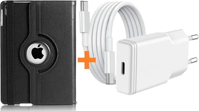 Hoes geschikt voor iPad 2025 hoes Zwart -iPad A16 hoes 11th Generation 11 Inch 2025 draaibare bookcase 360° Case met USB C Adapter - USB C oplader- Slim Snellader 20W Met USB C Kabel 1m - Ntech COMBI-SET