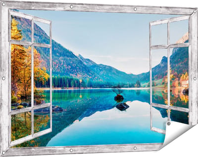 Gards Tuinposter Doorkijk Meer met Herfstbomen - 120x80 cm - Tuindoek - Tuindecoratie - Wanddecoratie buiten - Tuinschilderij