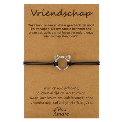 Pax Amare Armbandje met Schattig Katje "Vriendschap" - Vriendschapsarmbandje Cadeau - BFF Armband Cadeau - Zwart & Zilverkleurig