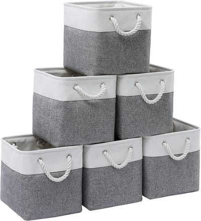 Famanu – Kubusvormige opbergbakken - 28 x 28 x 28 cm - 6 stuks - grote opvouwbare stoffen opbergbak met touwen - opvouwbare opbergkubussen voor thuis - kantoor - kast - kleding - speelgoedorganizer (wit)