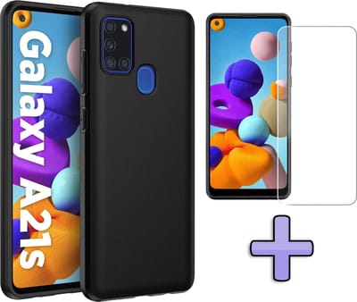 HB Hoesje Geschikt voor Samsung Galaxy A21S - Zwart - Siliconen Back Cover + Tempered Glazen Screenprotector