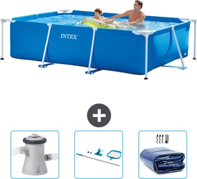 Intex Rechthoekig Frame Zwembad - 260 x 160 x 65 cm - Blauw - Inclusief Zwembadfilterpomp - Schoonmaakset - Solarzeil