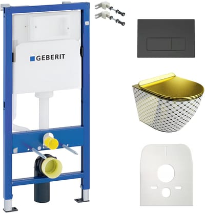 Inbouwreservoir Complete Toiletset Geberit Duofix Basic - Inbouw WC Hangtoilet Wandcloset SOFI SLIM CHECKED GOLD Gouden/Wit - Bedieningsplaat DELTA Zwart - Voorwandelement - Installatiesysteem