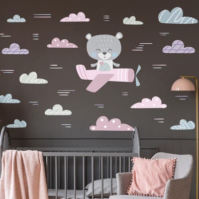 Muurstickers - Teddybeer die wolken achterna zit - Zelfklevende stickers - 105x80cm