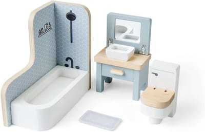 Poppenhuis Badkamer - Meubels Set - Poppenhuis Inrichten - FSC-gecertificeerd Hout - 4 Delige Set - Blauw