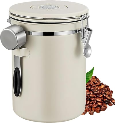 Airtight RVS Koffiecontainer van 2800ml met Versheidwiel en CO2 Ventiel, Inclusief 30ml Maatlepel voor Koffie, Thee en Specerijen, Beige, Houdt Tot 2 Pond Bonen Vers