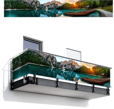 Balkonscherm 500x75 cm - Balkonposter Meer - Bergen - Zonsondergang - Boot - Balkon scherm decoratie - Balkonschermen - Balkondoek zonnescherm