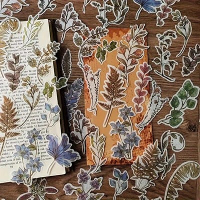 60-Pack Vintage Botanische Japans Papier Stickers, Gemengde Bloemen- & Glitterdecoratie, Zelfklevend, Onregelmatige Vormen, voor Scrapbooking, Knutselen One-size