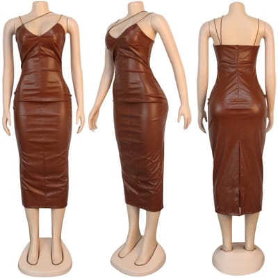 Robe Sexy V-Neck Cuir PU Bkld Robe de Soirée Club Nouvelle Mode Automne Femmes Bretelles Spaghetti Bodycon Crayon Fente Robe L