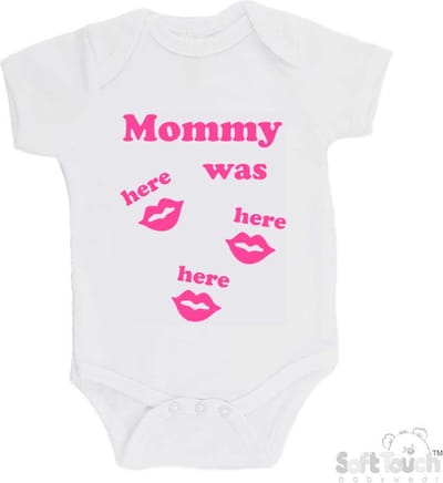 100% katoenen Romper "Mommy was here here here" Unisex Katoen Wit/roze Maat 56/62