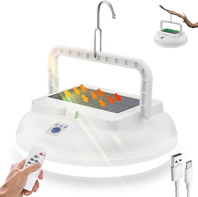 SnelShoppen - Solar LED Camping Lamp met Afstandsbediening, Oplaadbare USB Camping Lantaarn, Ultra Heldere 4500 Lumen Solar Tent Lamp, 5 Verlichtingss