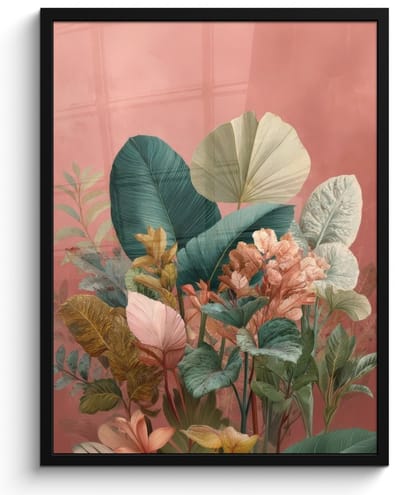 Poster in lijst - Fotolijst 60x80 cm - Posters - Tropische bladeren - Bloemen - Roze - groen - Posterlijst zwart - Decoratie - Wanddecoratie woonkamer - Muurdecoratie slaapkamer