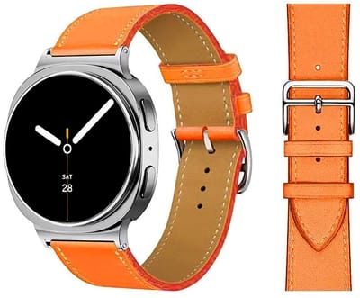 Stravo Premium Slank Leren Bandje – Geschikt voor Samsung Galaxy Watch 9 (40/44mm) / Watch 8 (40/44mm) / 8 Classic (46mm) – Dun Leather Horlogebandje van Echt Leer met RVS Gesp – Leer – Oranje