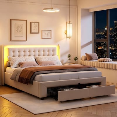 Gestoffeerd bed 160x200 cm met LED Verlichting, Tweepersoonsbed met opbergruimte en lattenbodem, Opbergbed bedframe met 2 lades, Beige Fluweel, zonder matras